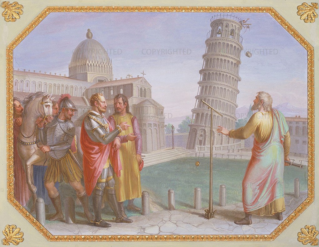 Tempera de gesso por Luigi Catani , 1816 (Palazzo Pitti, Firenze, Quartiere Borbonico o Nuovo Palatino, sala 15) Pintura do experimento da torre de pisa de Galileu