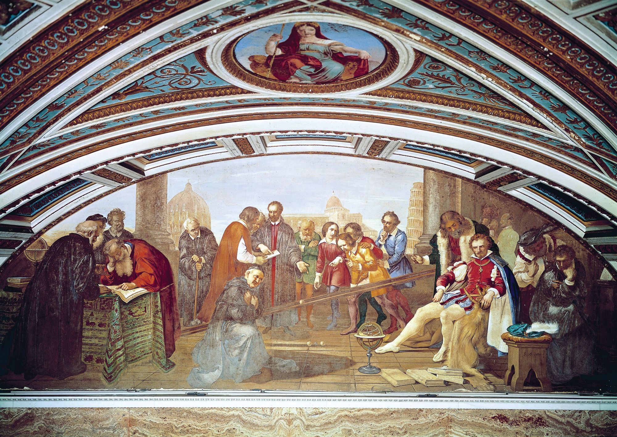 Galileo dimostra la legge della caduta dei gravi a Don Giovanni de' Medici, affresco di Giuseppe Bezzuoli, Tribuna di Galileo, Firenze - 1841 Galileu demonstra a lei da queda dos corpos a Don Giovanni de Medici, afresco de Giuseppe Bezzuoli